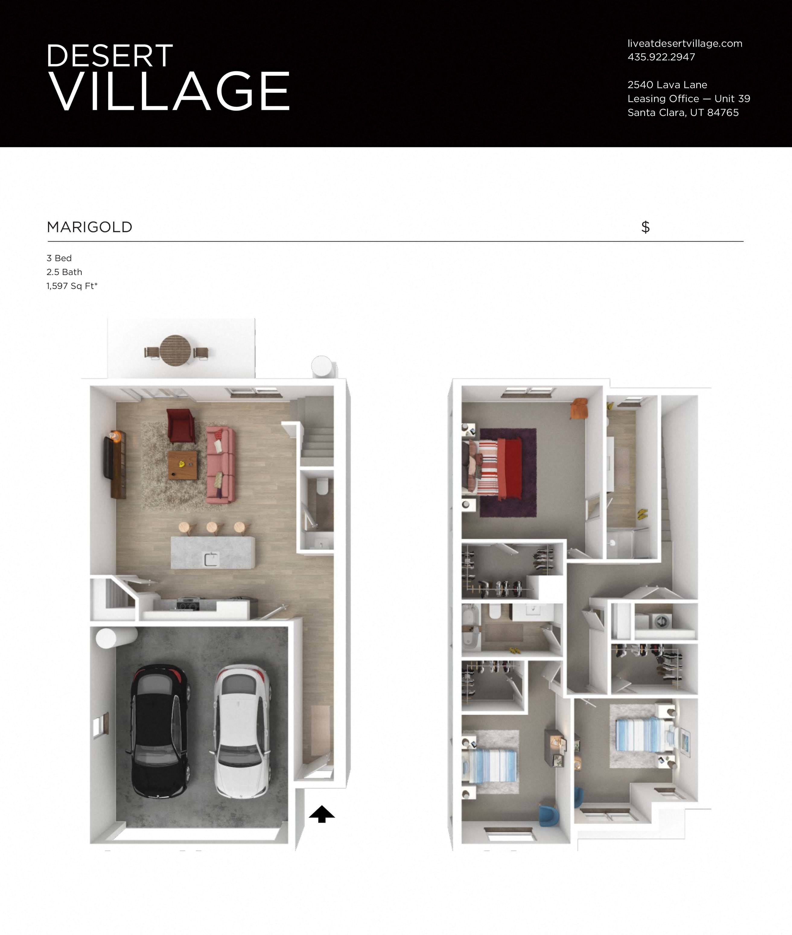 Desert Village Townhomes 3D Floor Plan - Marigold